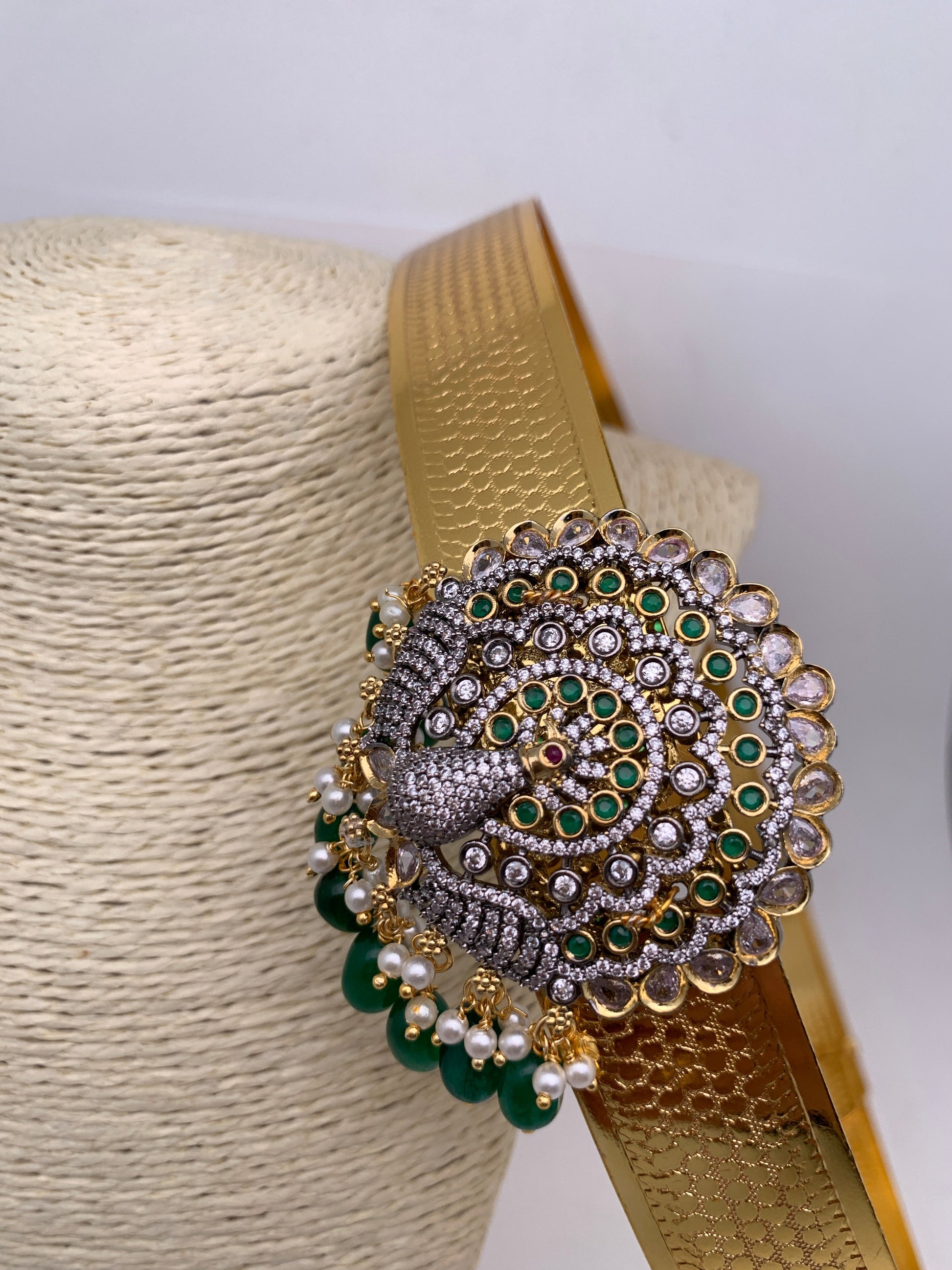 AD Peacock Color Stone Color Beads Motif Hip Belt Vaddanam - Green