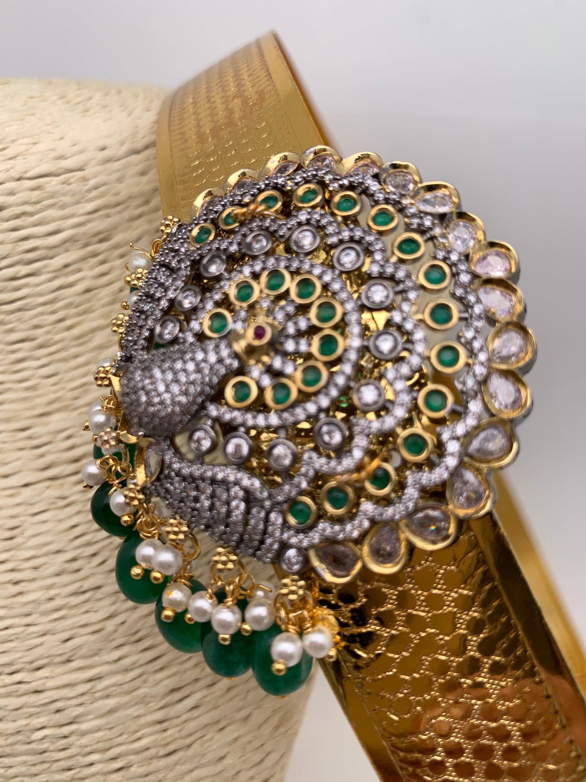 AD Peacock Color Stone Color Beads Motif Hip Belt Vaddanam - Green
