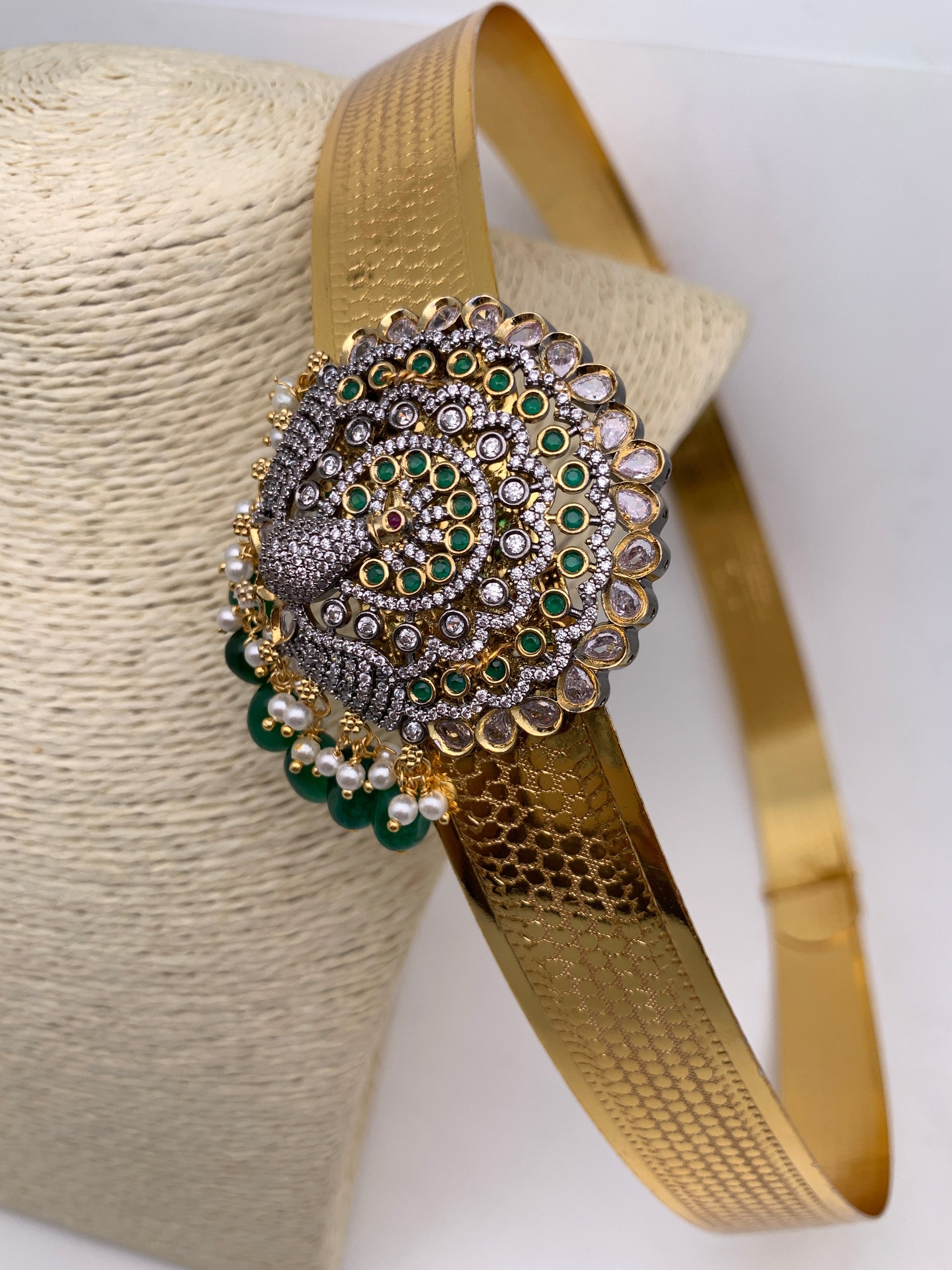 AD Peacock Color Stone Color Beads Motif Hip Belt Vaddanam - Green