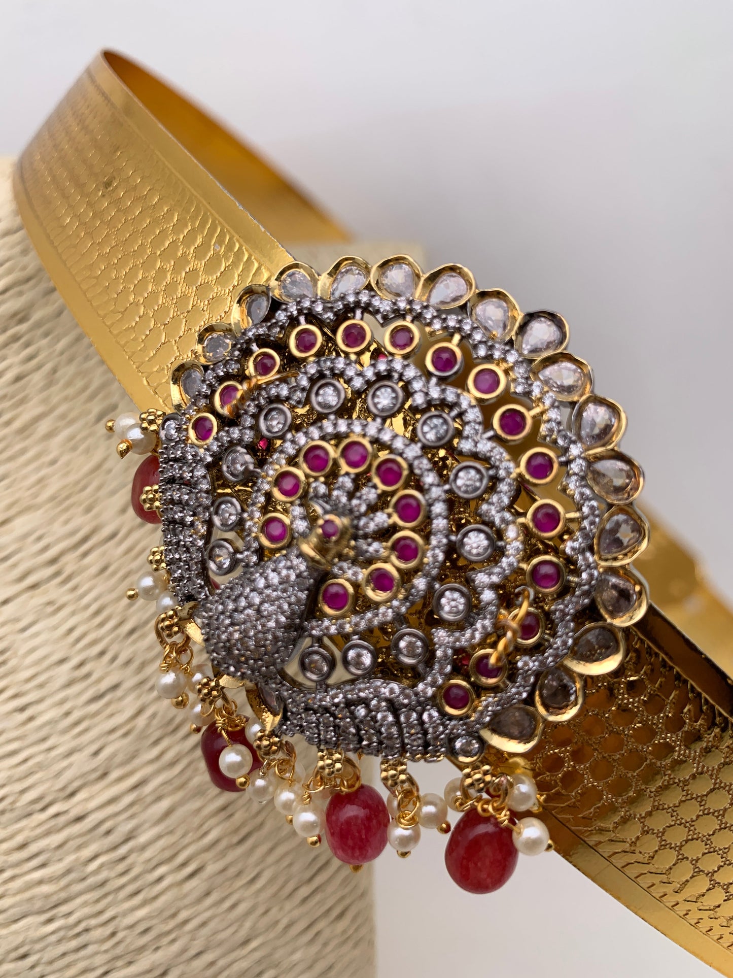 AD Peacock Color Stone Color Beads Motif Hip Belt Vaddanam - Red