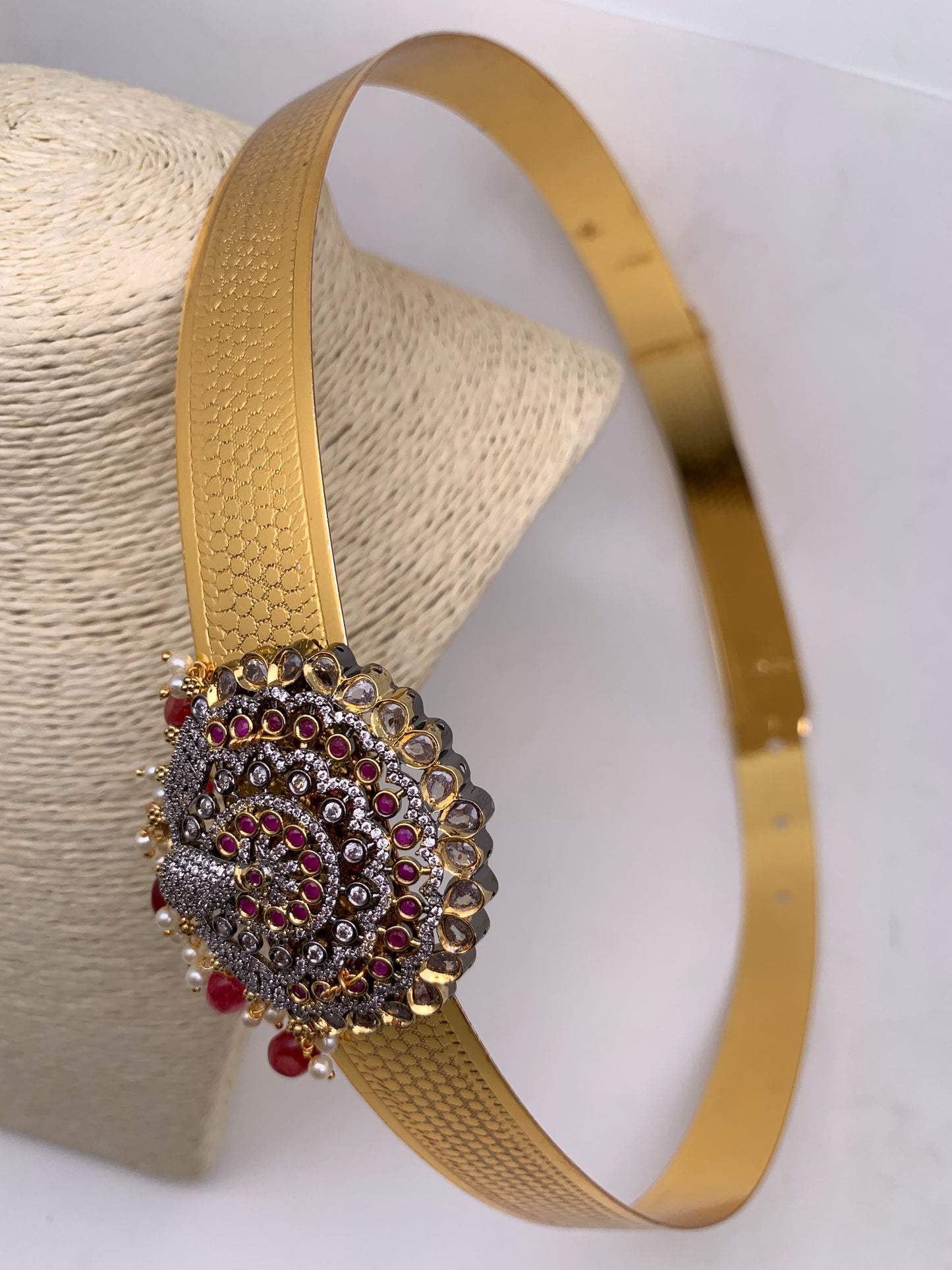 AD Peacock Color Stone Color Beads Motif Hip Belt Vaddanam - Red