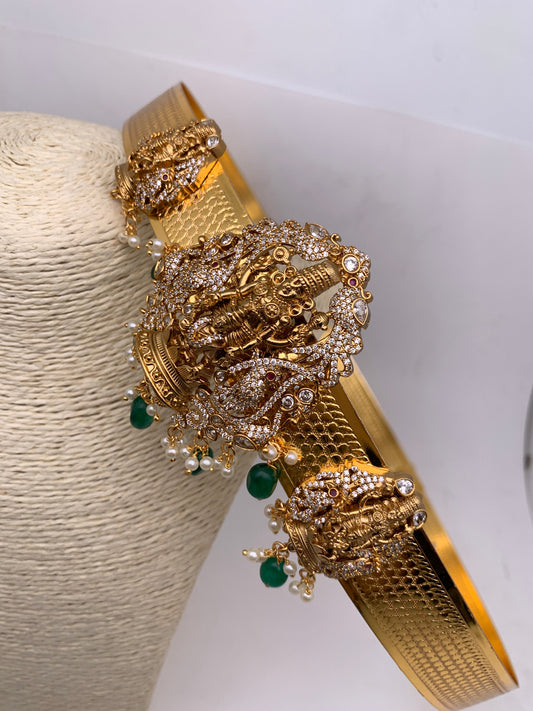 Goddess Lakshmi Balaji AD Color Stone Motif Hip Belt Vaddanam - Green