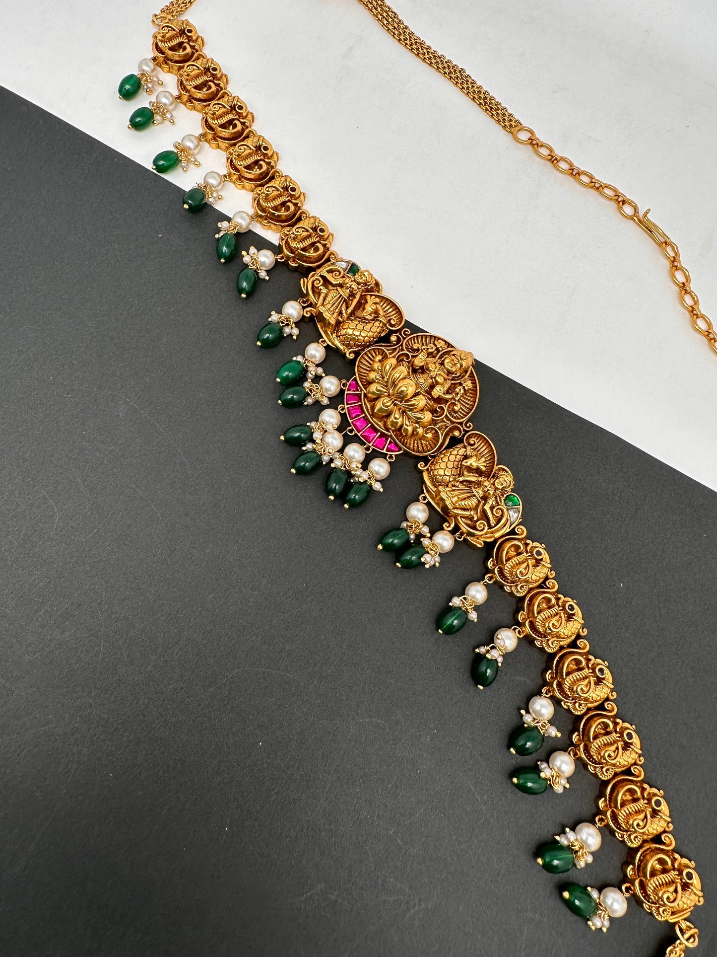 Goddess Lakshmi Peacock Nakshi Green Beads Matte Finish Hip Chain Vaddanam
