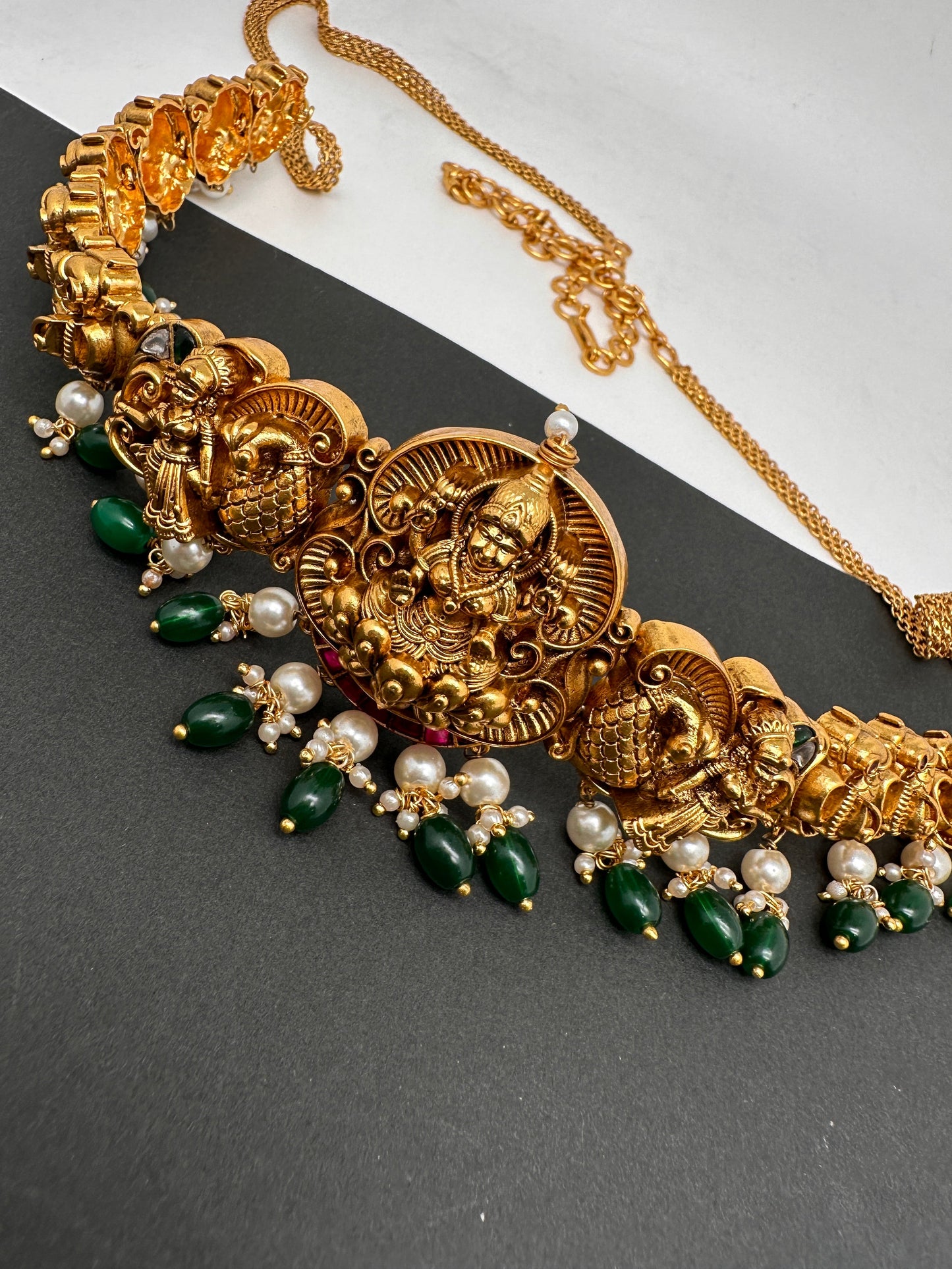 Goddess Lakshmi Peacock Nakshi Green Beads Matte Finish Hip Chain Vaddanam