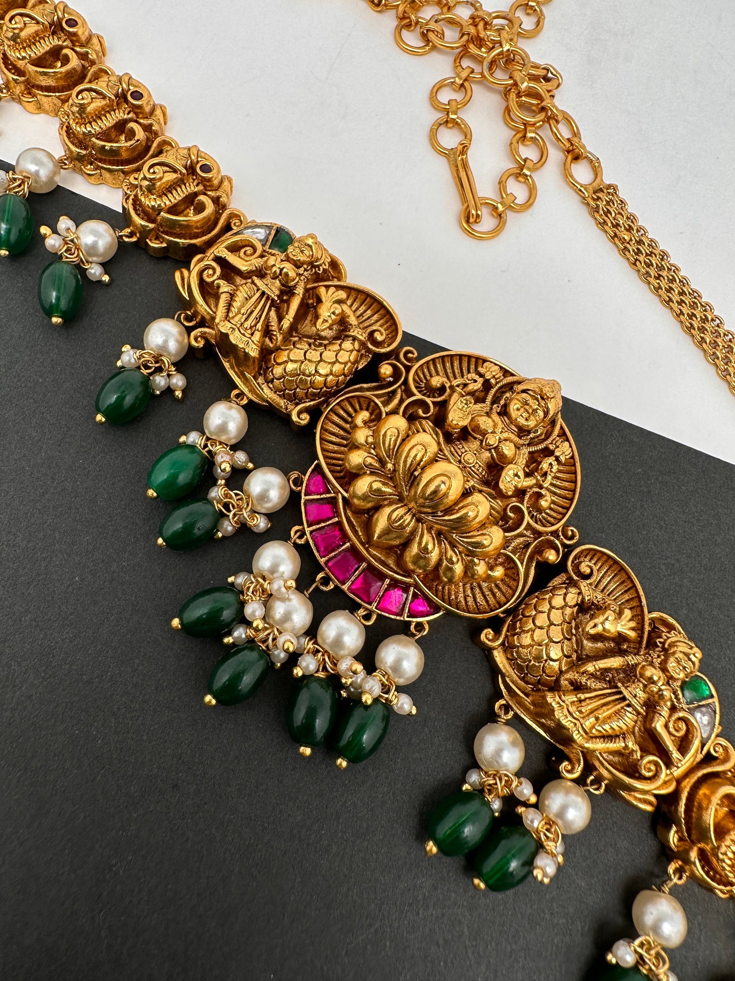 Goddess Lakshmi Peacock Nakshi Green Beads Matte Finish Hip Chain Vaddanam