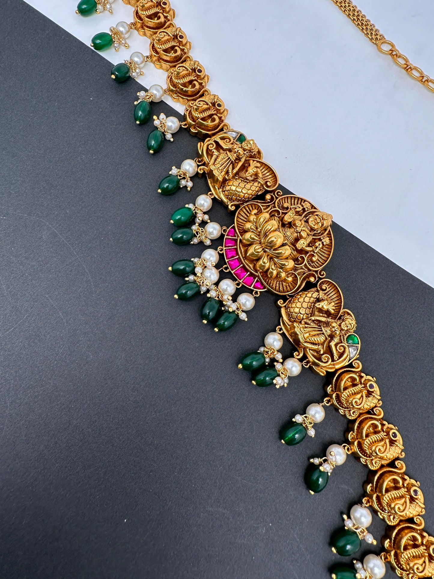 Goddess Lakshmi Peacock Nakshi Green Beads Matte Finish Hip Chain Vaddanam
