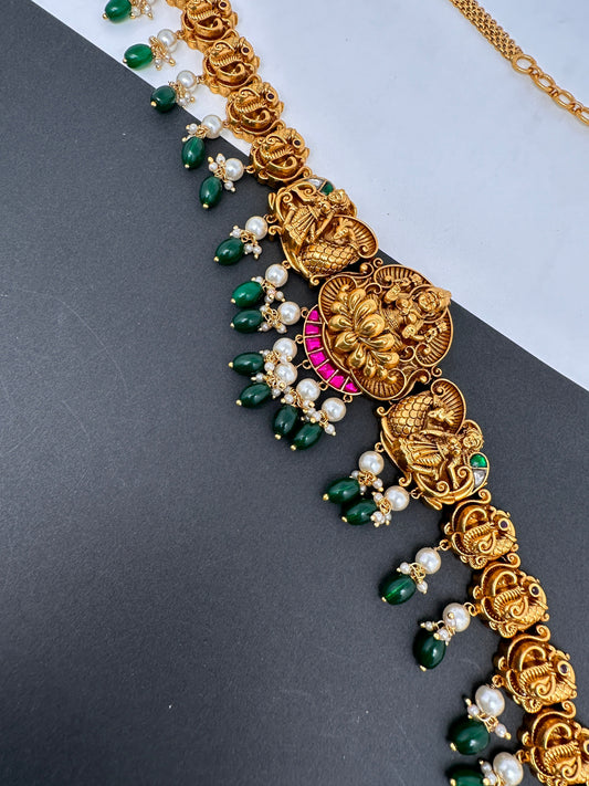 Goddess Lakshmi Peacock Nakshi Green Beads Matte Finish Hip Chain Vaddanam
