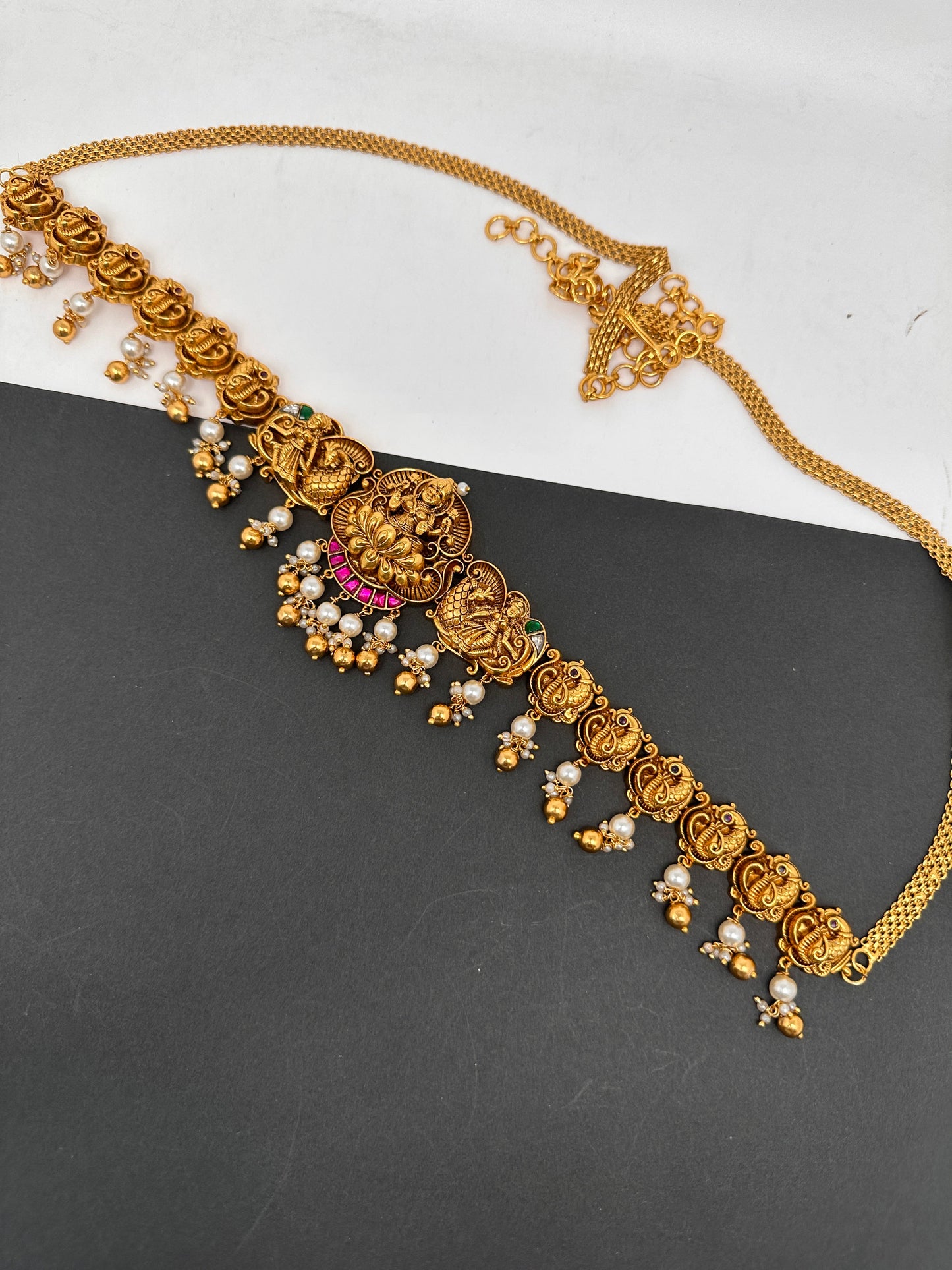 Goddess Lakshmi Peacock Nakshi Golden Beads Matte Finish Hip Chain Vaddanam