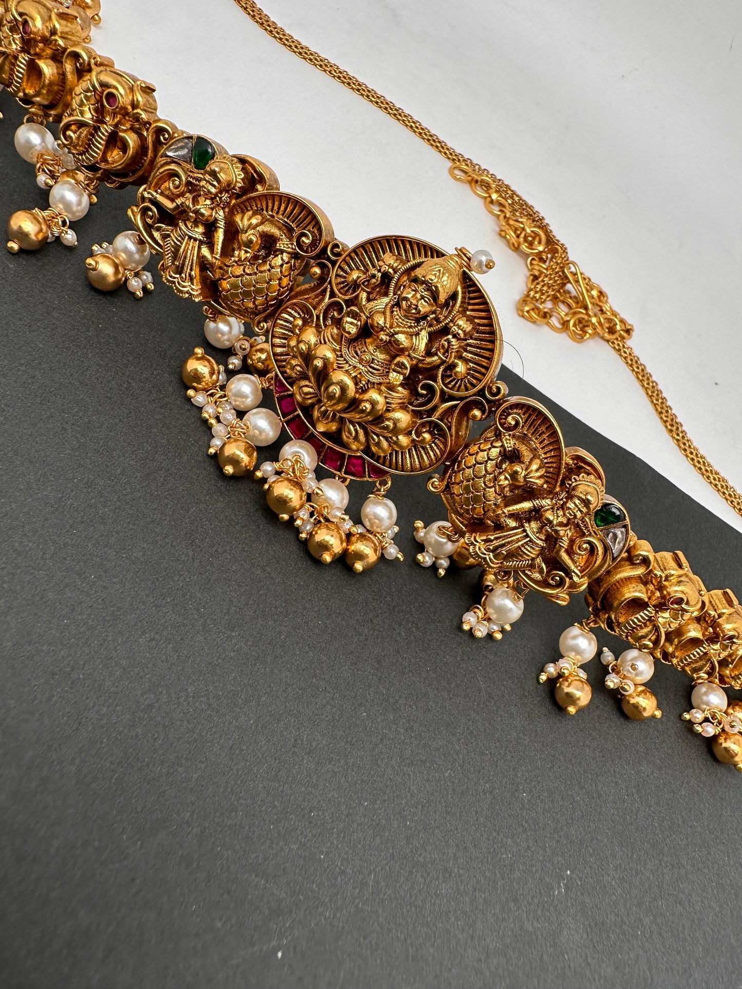 Goddess Lakshmi Peacock Nakshi Golden Beads Matte Finish Hip Chain Vaddanam