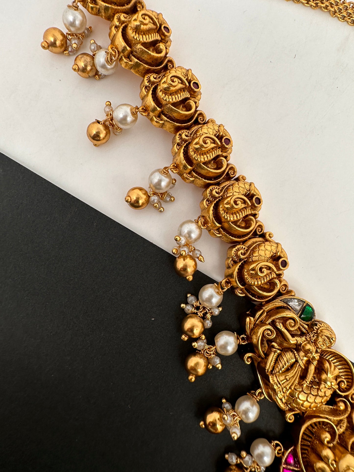 Goddess Lakshmi Peacock Nakshi Golden Beads Matte Finish Hip Chain Vaddanam