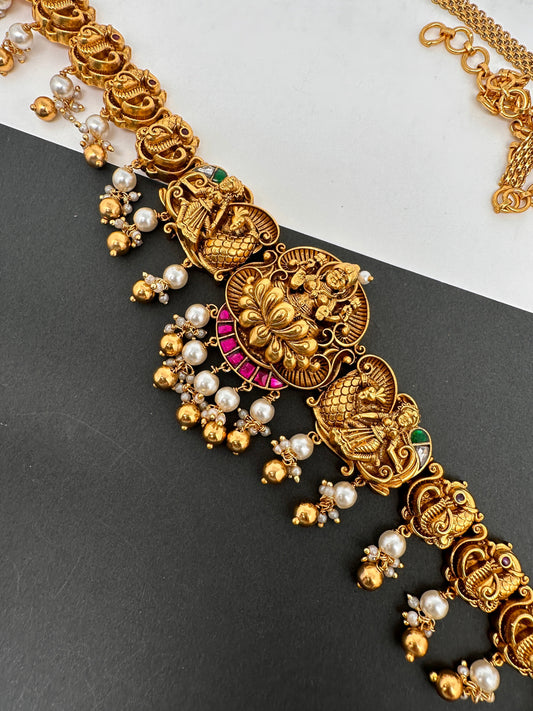 Goddess Lakshmi Peacock Nakshi Golden Beads Matte Finish Hip Chain Vaddanam