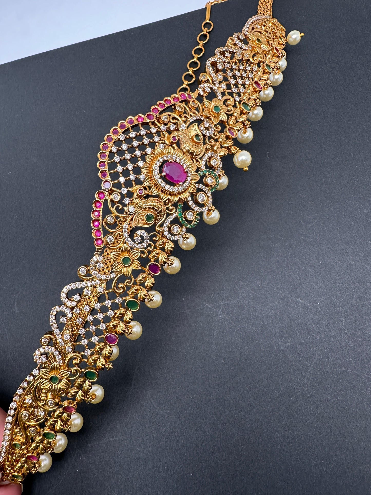 CZ Peacock Design Matte Finish Kids Hip Chain Vaddanam