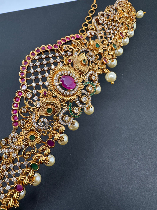 CZ Peacock Design Matte Finish Kids Hip Chain Vaddanam