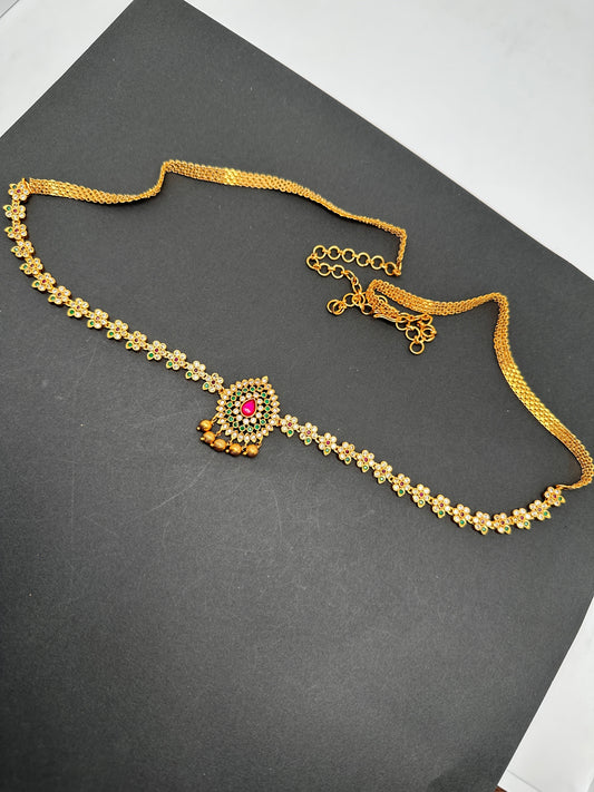 Sleek CZ Red Green Multi Stone Matte Finish Floral Design Hip Chain Vaddanam