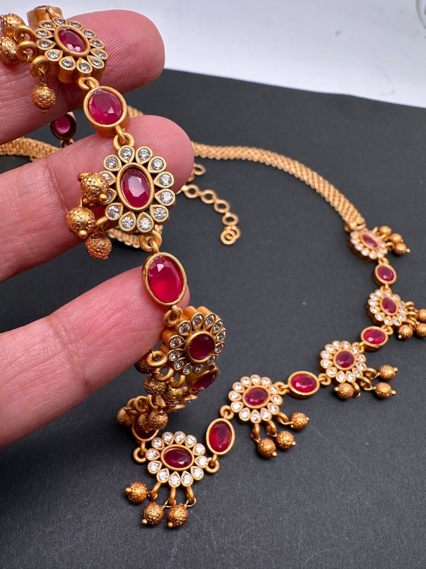 Sleek CZ Red Stone Matte Finish Floral Design Hip Chain Vaddanam