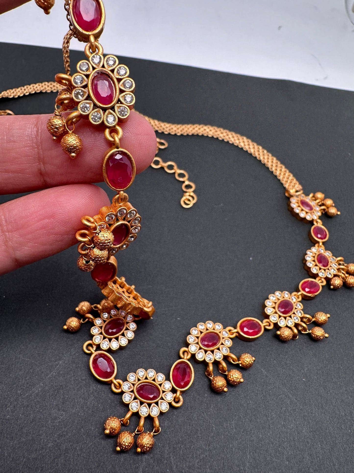 Sleek CZ Red Stone Matte Finish Floral Design Hip Chain Vaddanam