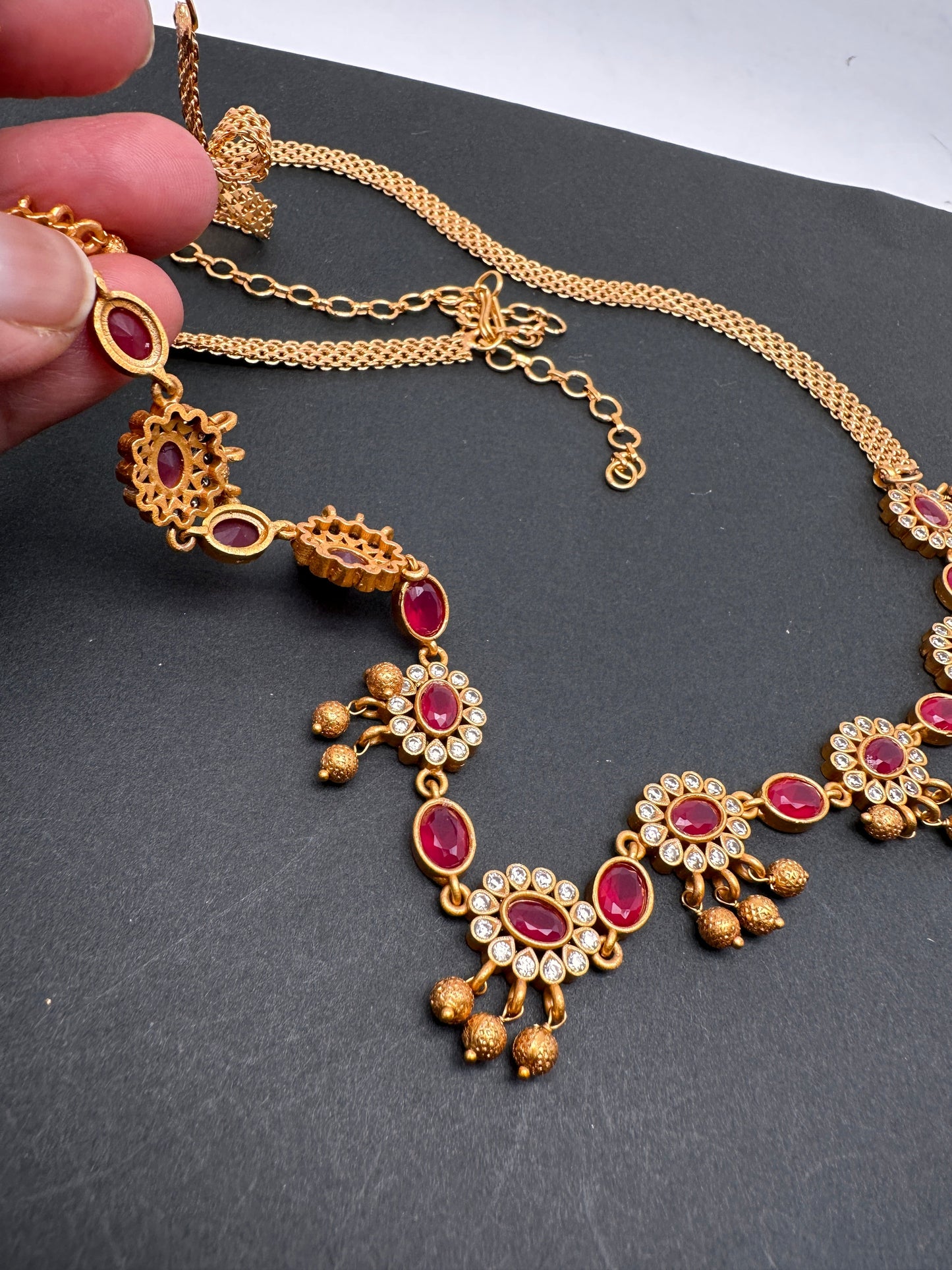 Sleek CZ Red Stone Matte Finish Floral Design Hip Chain Vaddanam