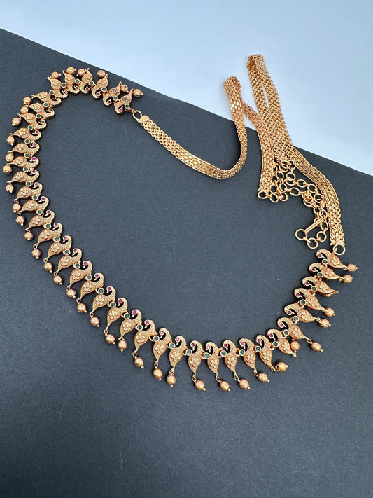 Sleek Red Green Multi Stone Matte Finish Peacock Pattern Hip Chain Vaddanam