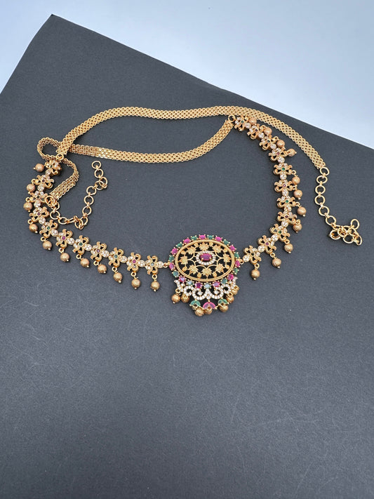Sleek CZ Red Green Multi Stone Matte Finish Hip Chain Vaddanam