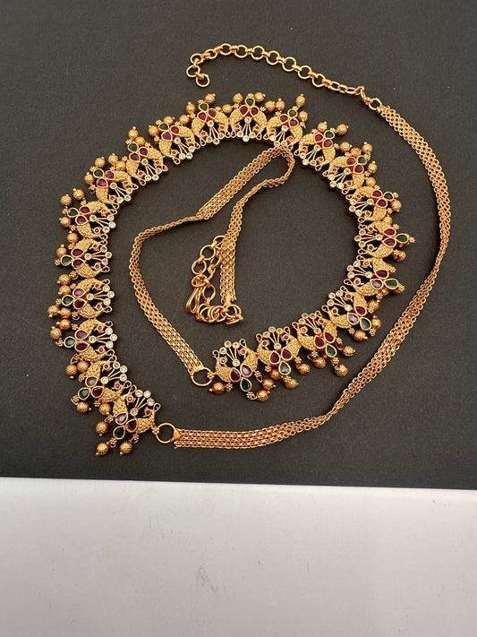 Sleek Red Green Multi Stone Matte Finish Peacock Design Hip Chain Vaddanam