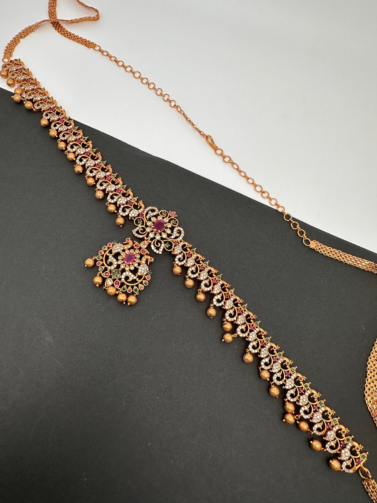 Sleek CZ Red Green Multi Stone Matte Finish Peacock Design Hip Chain Vaddanam