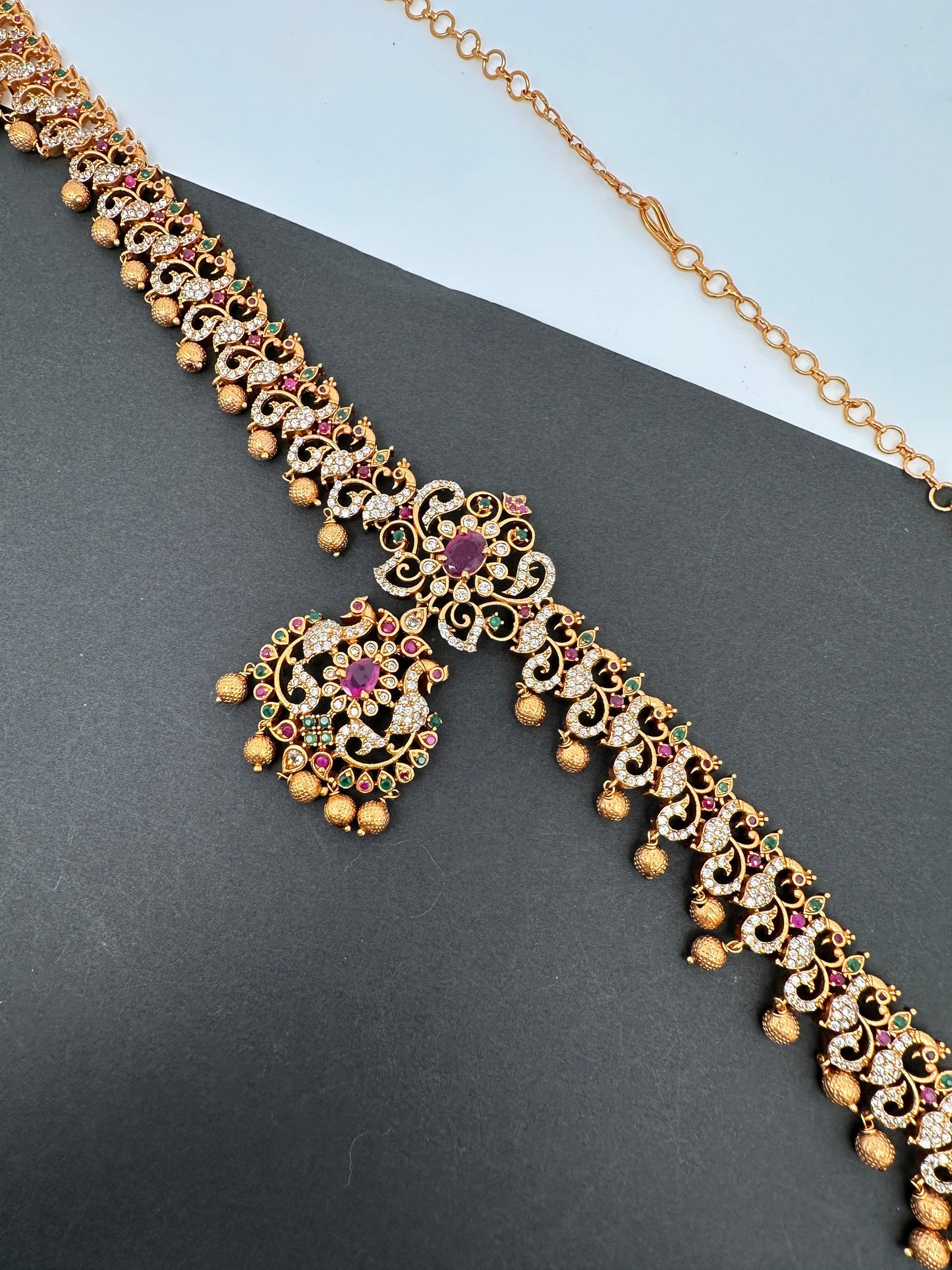 Sleek CZ Red Green Multi Stone Matte Finish Peacock Design Hip Chain Vaddanam