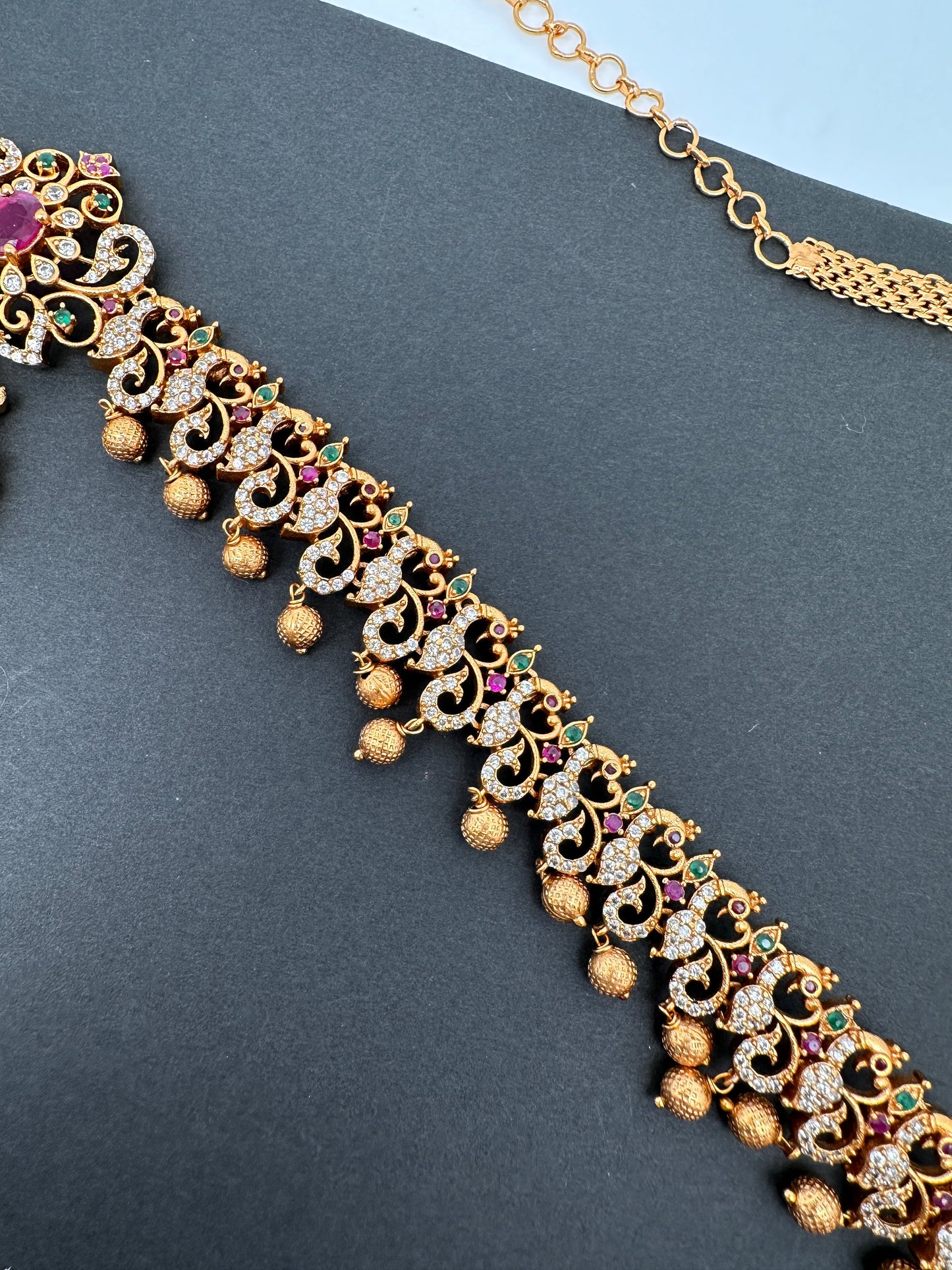 Sleek CZ Red Green Multi Stone Matte Finish Peacock Design Hip Chain Vaddanam
