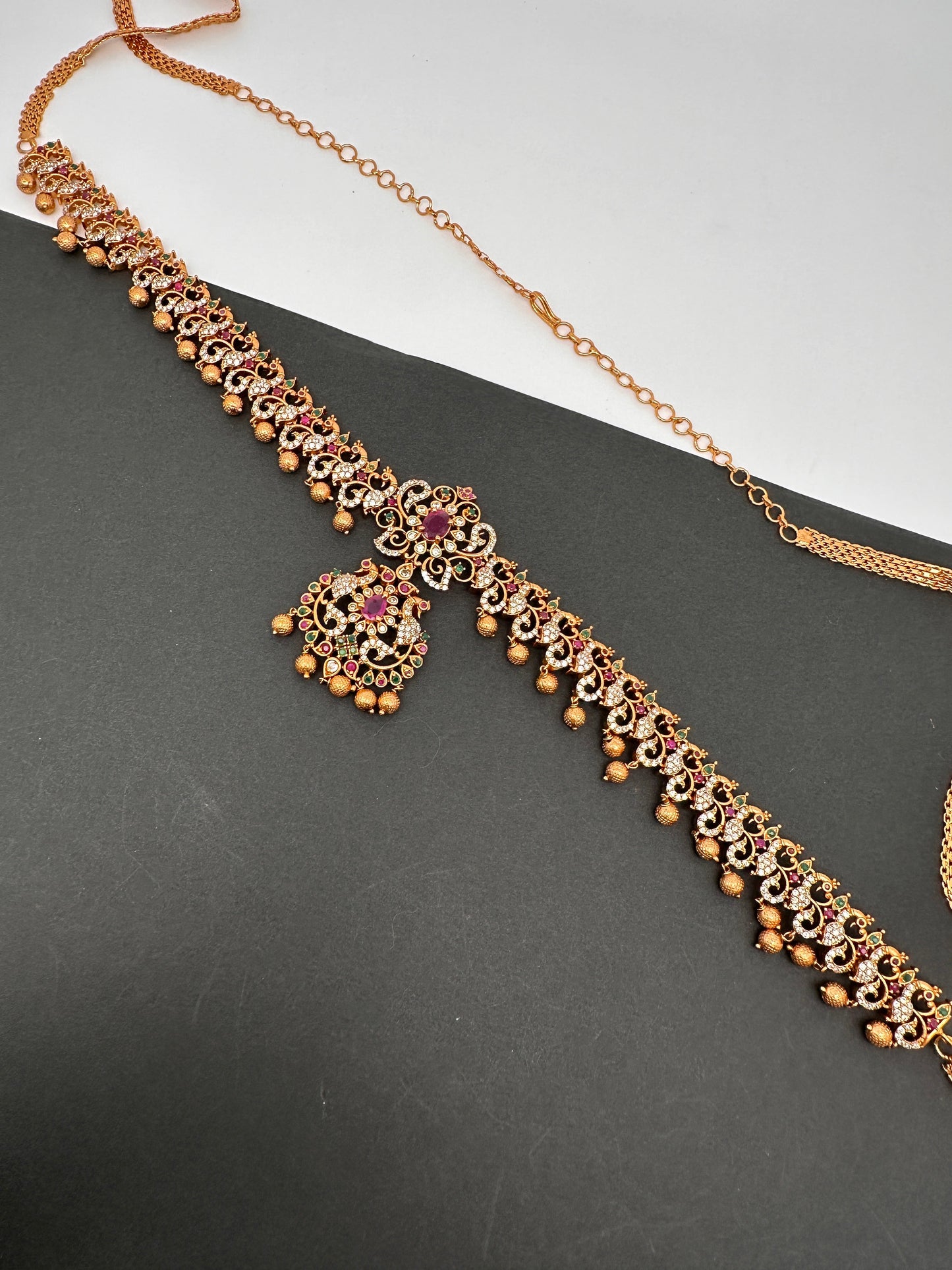 Sleek CZ Red Green Multi Stone Matte Finish Peacock Design Hip Chain Vaddanam