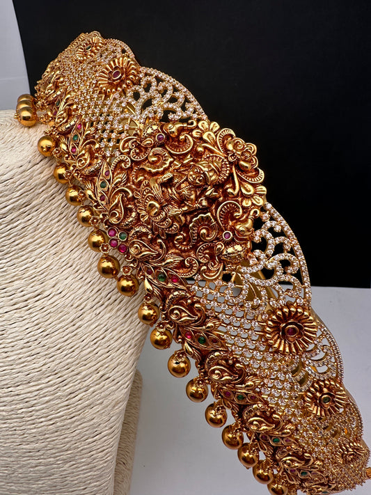 Goddess Lakshmi CZ Matte Finish Hip Belt Kamarbandh