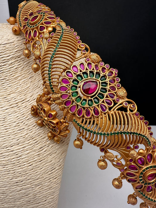 CZ Red Green Stone Floral Matte Finish Hip Belt Kamarbandh