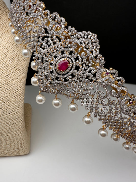 CZ Red Stone Diamond Finish Hip Belt Kamarbandh