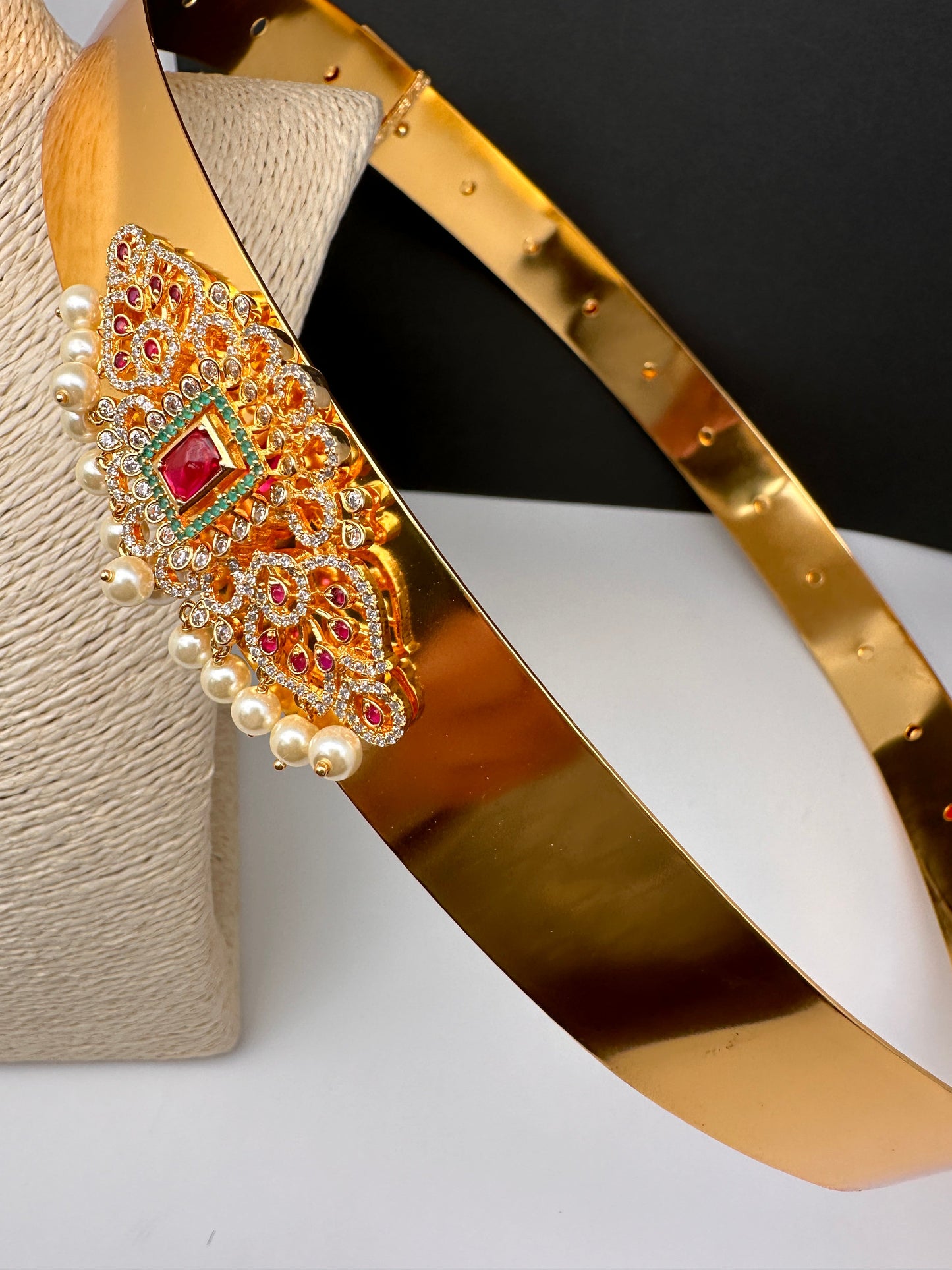 Red Green Jadau Kundan Pearls Hip Belt Kamarbandh