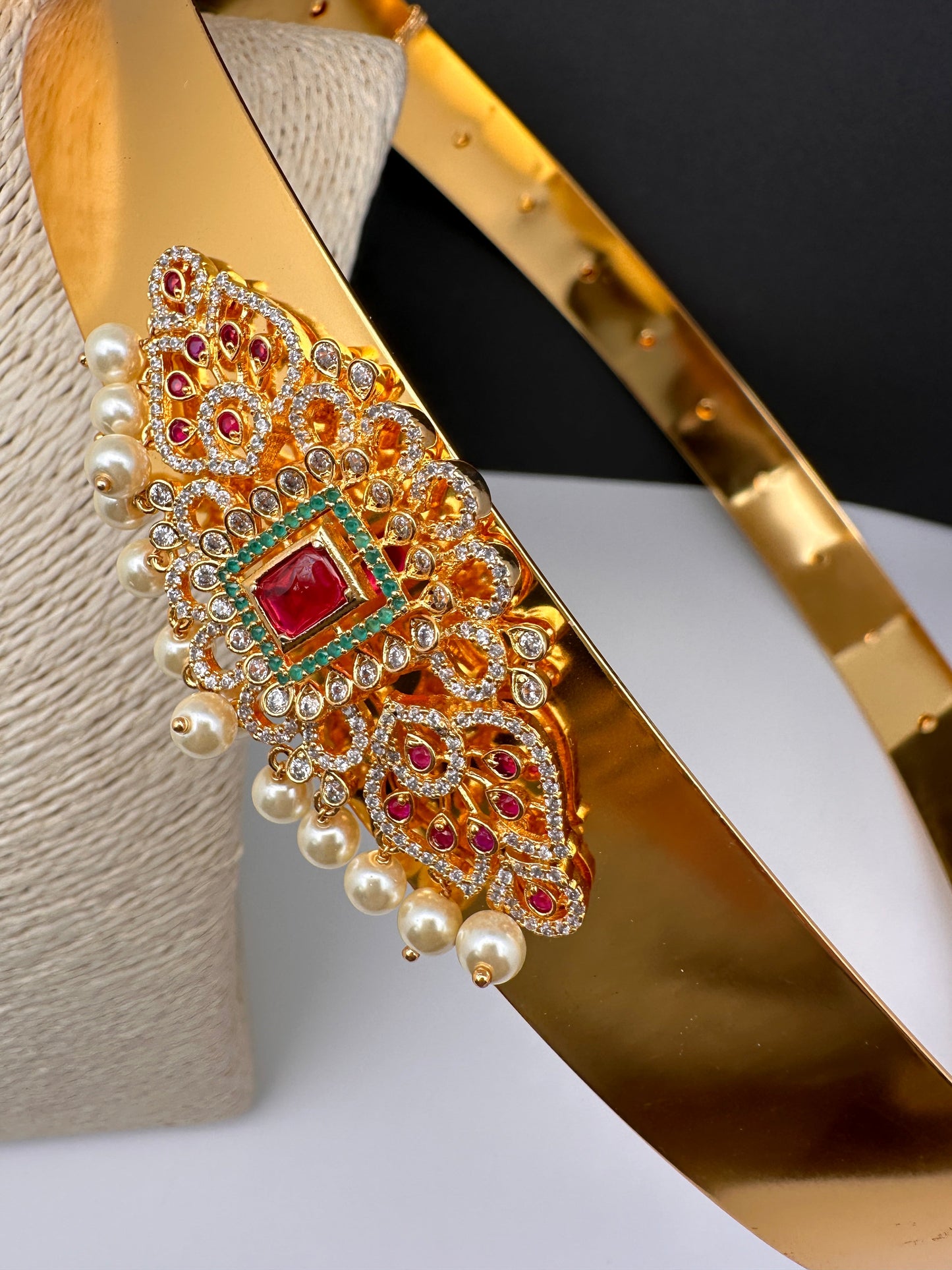 Red Green Jadau Kundan Pearls Hip Belt Kamarbandh