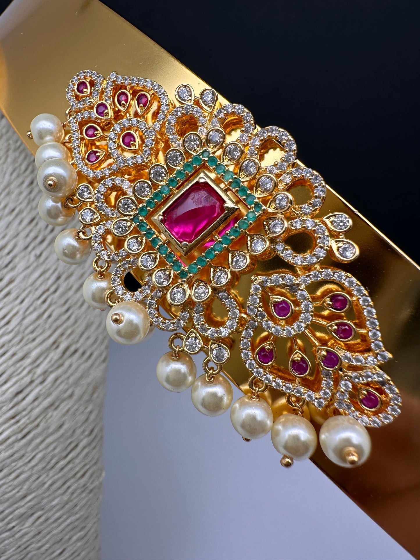 Red Green Jadau Kundan Pearls Hip Belt Kamarbandh