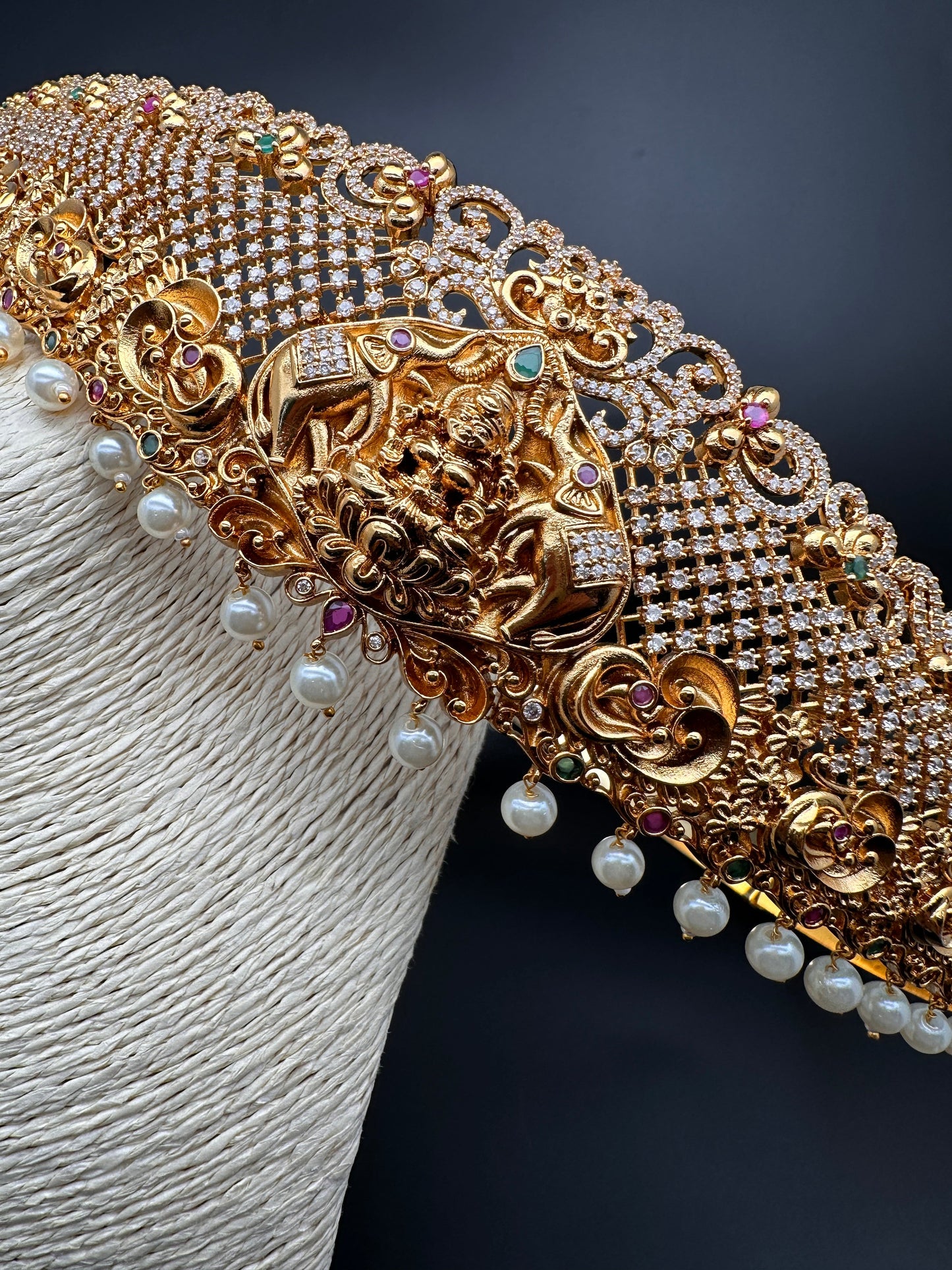 Goddess Lakshmi Nakshi AD Red Green Stone Pearls Hip Belt Kamarbandh