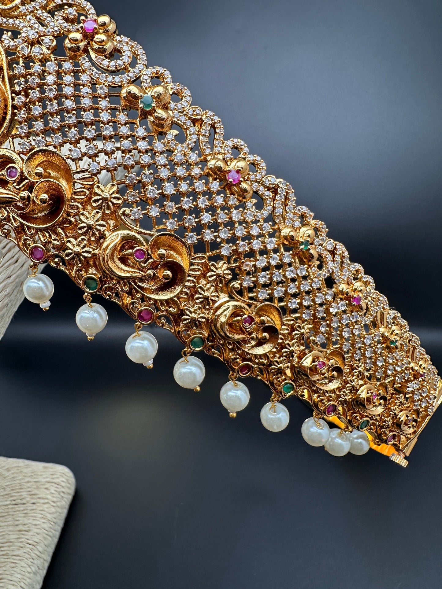 Goddess Lakshmi Nakshi AD Red Green Stone Pearls Hip Belt Kamarbandh