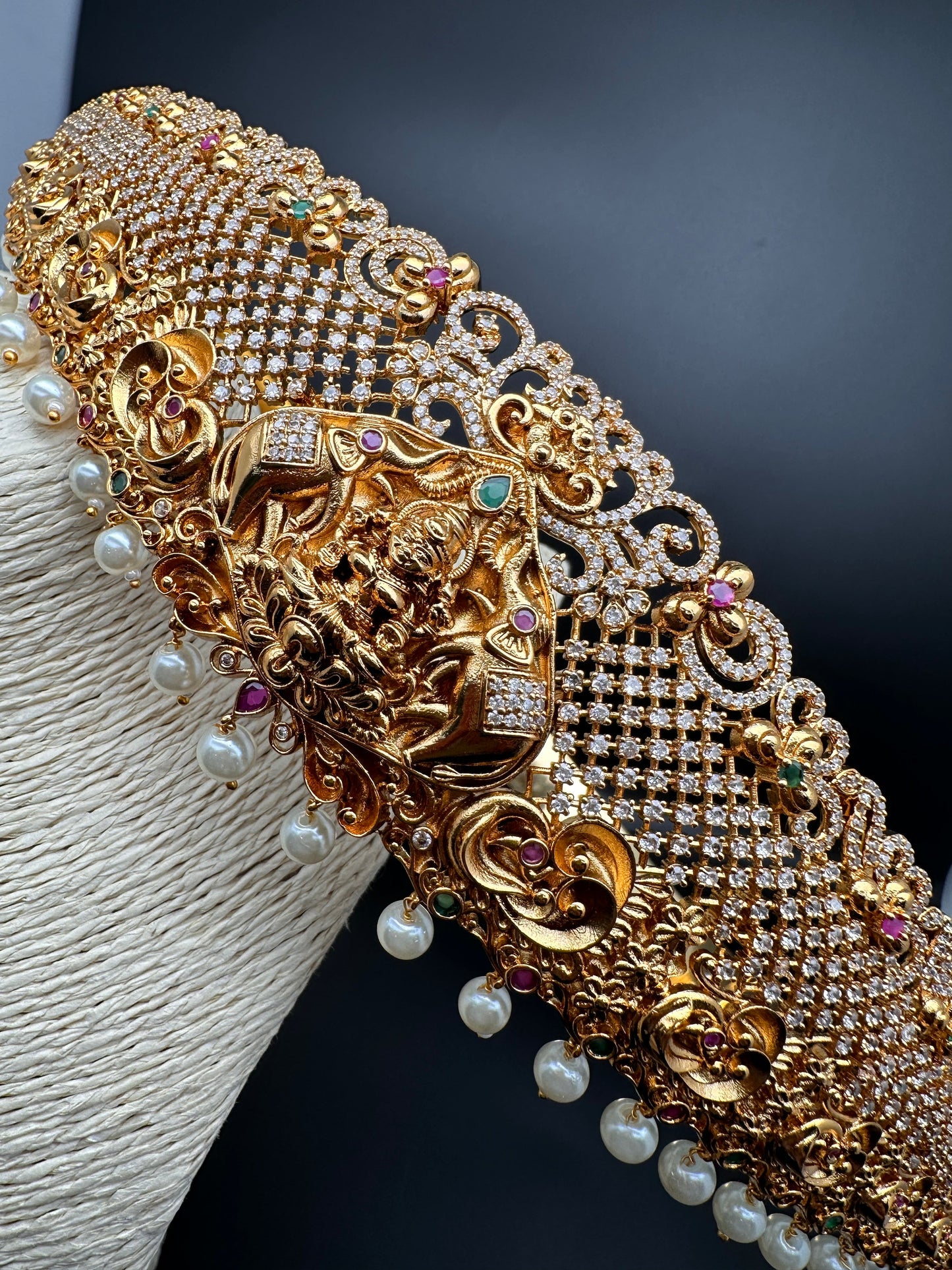 Goddess Lakshmi Nakshi AD Red Green Stone Pearls Hip Belt Kamarbandh