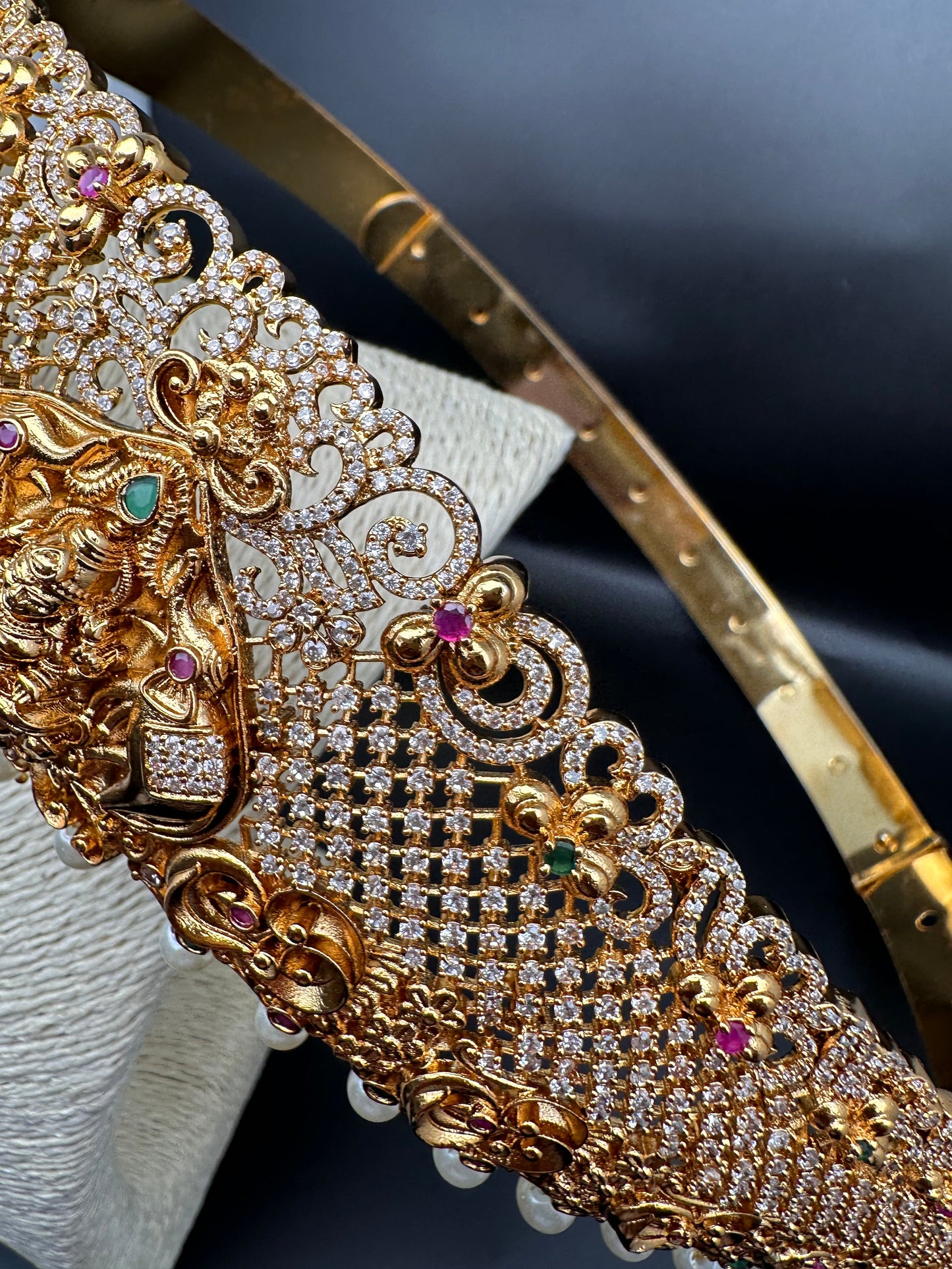Goddess Lakshmi Nakshi AD Red Green Stone Pearls Hip Belt Kamarbandh