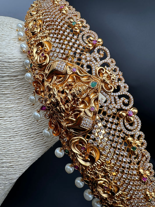 Goddess Lakshmi Nakshi AD Red Green Stone Pearls Hip Belt Kamarbandh