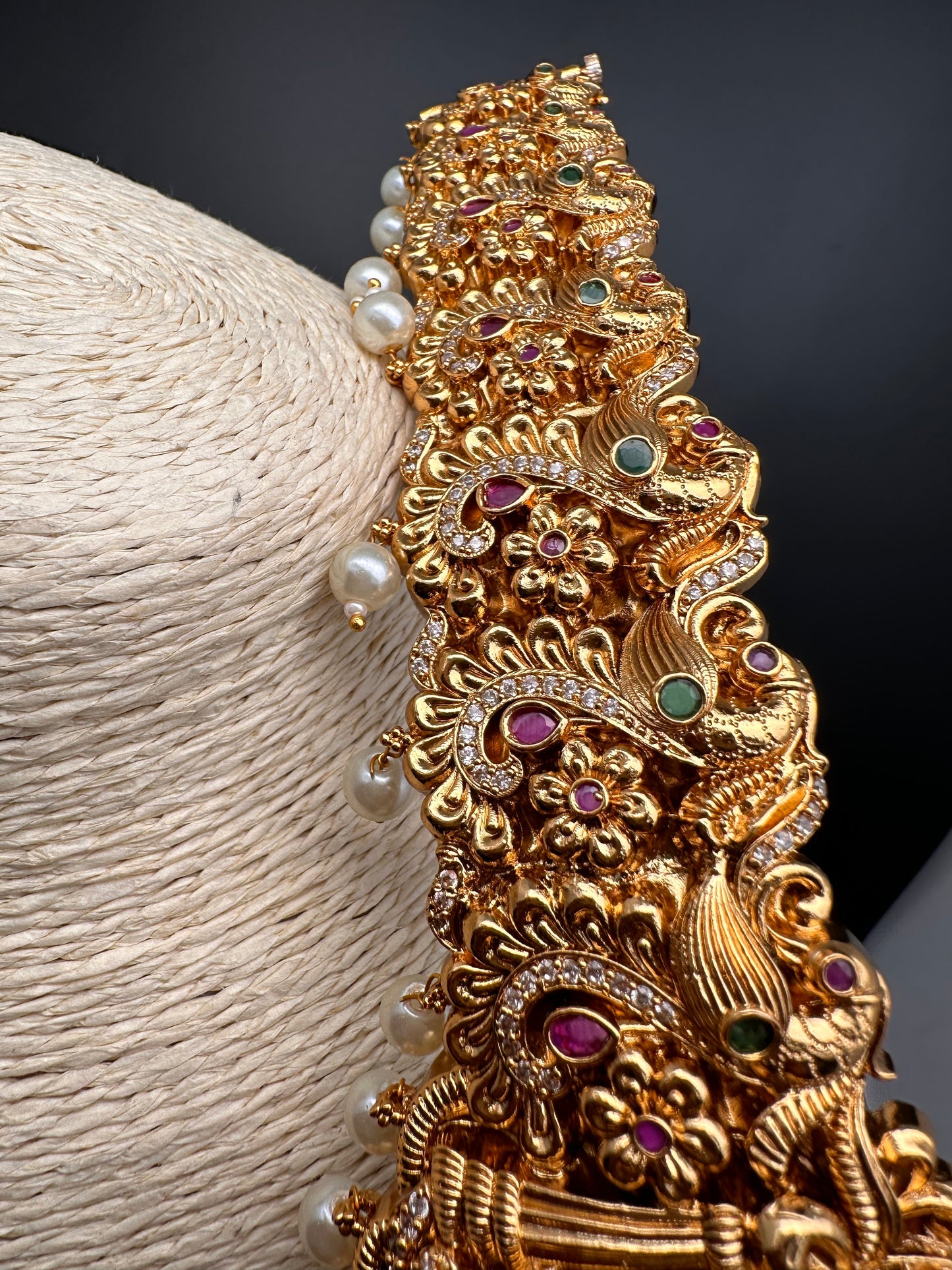 Goddess Lakshmi Nakshi AD Red Green Stone Pearls Hip Belt Kamarbandh