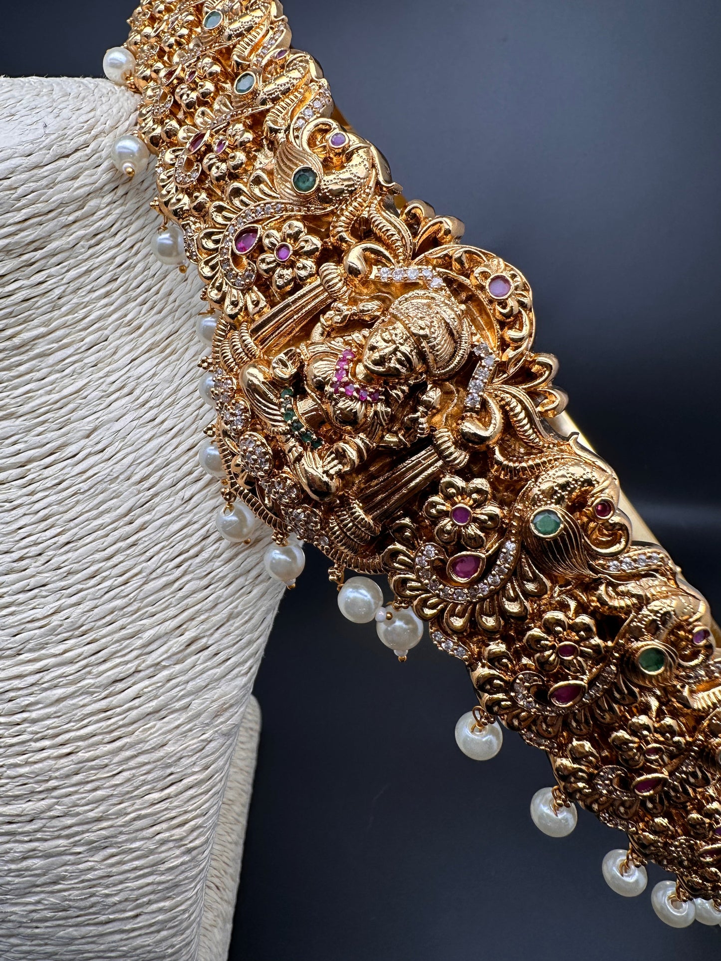 Goddess Lakshmi Nakshi AD Red Green Stone Pearls Hip Belt Kamarbandh