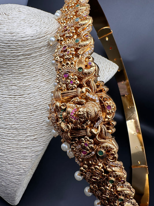 Goddess Lakshmi Nakshi AD Red Green Stone Pearls Hip Belt Kamarbandh