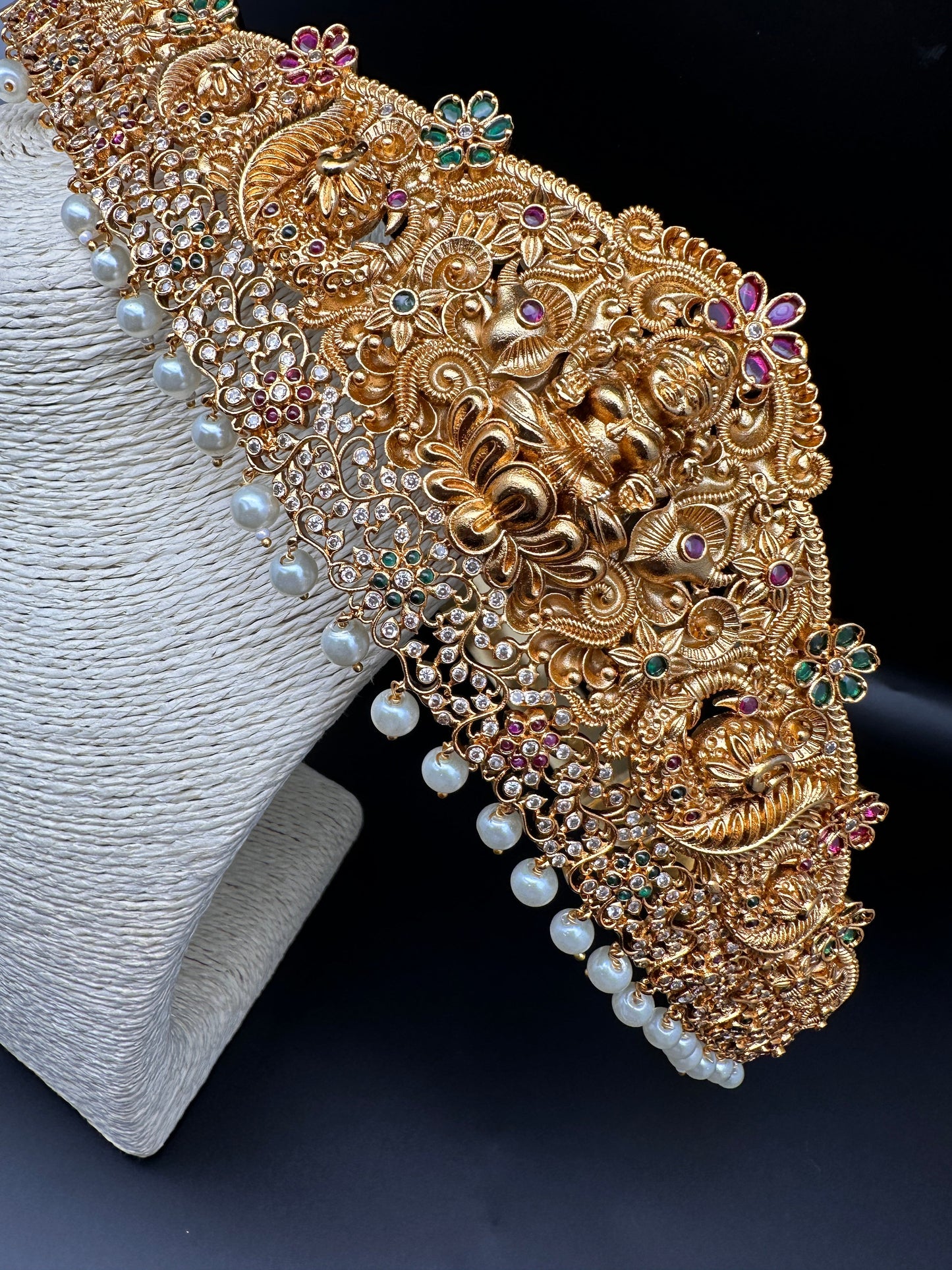 Goddess Lakshmi Nakshi AD Red Green Stone Pearls Hip Belt Kamarbandh