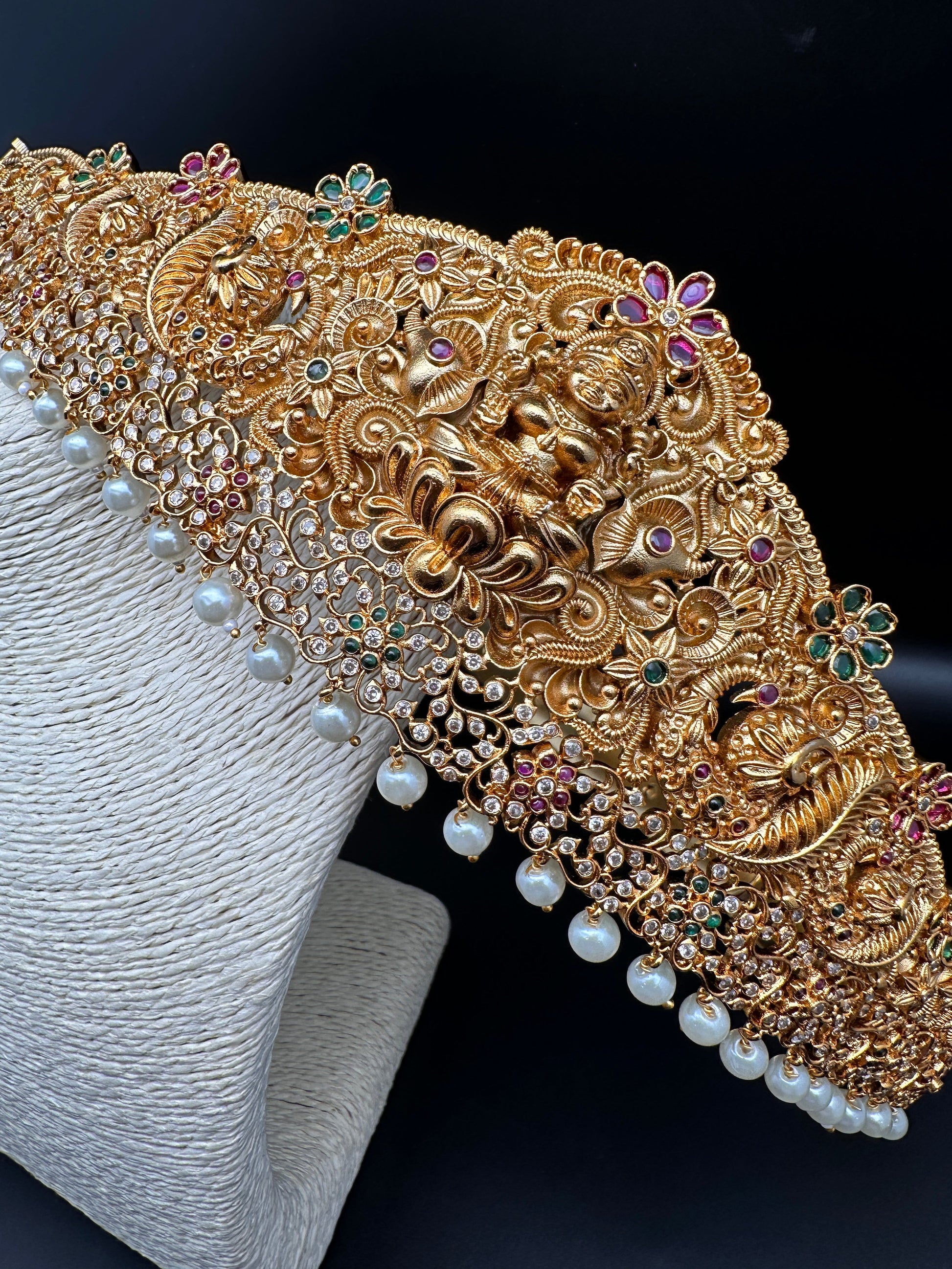 Goddess Lakshmi Nakshi AD Red Green Stone Pearls Hip Belt Kamarbandh