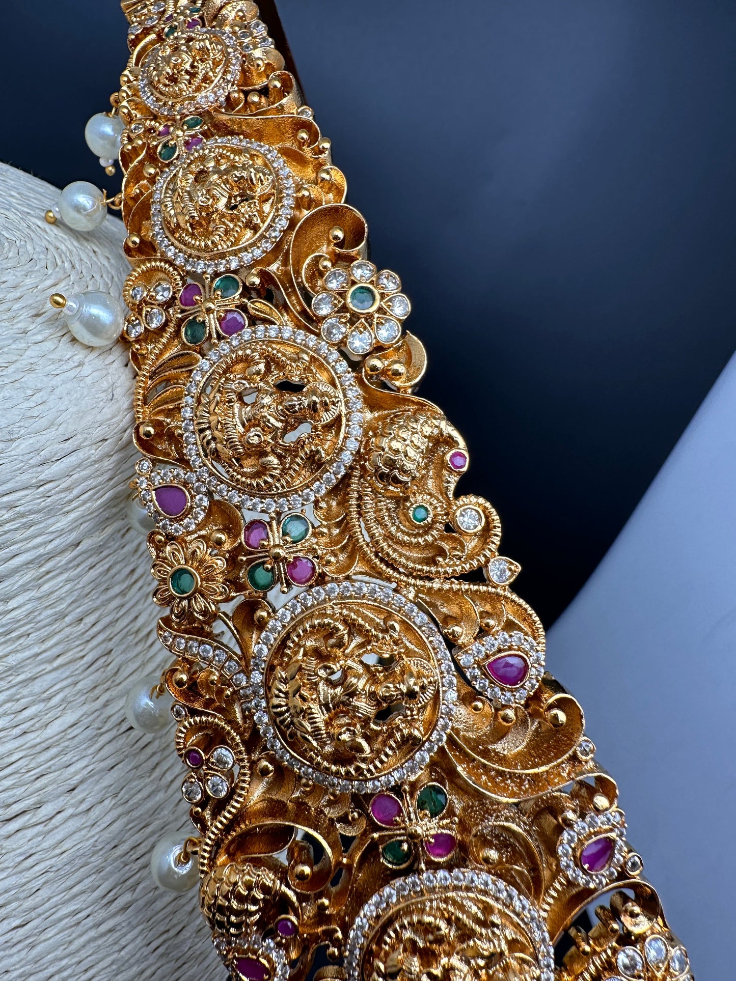 Goddess Lakshmi Nakshi AD Red Green Stone Pearls Hip Belt Kamarbandh