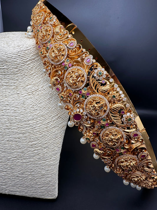 Goddess Lakshmi Nakshi AD Red Green Stone Pearls Hip Belt Kamarbandh