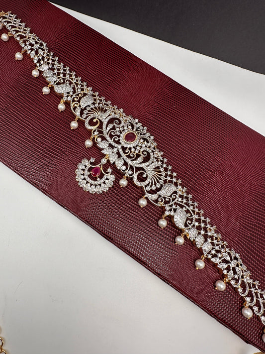 AD Ganga Jamuna Polish Color Stone Pearls Hip Chain Kamarbandh - Red