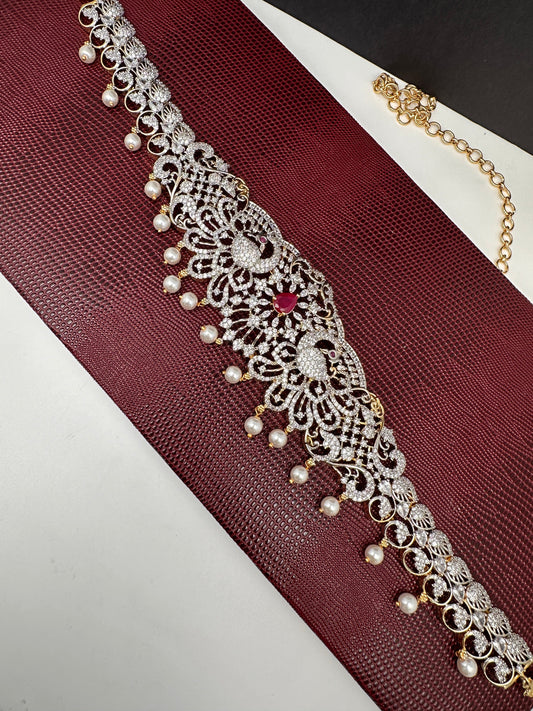 AD Ganga Jamuna Polish Color Stone Pearls Peacock Design Hip Chain Kamarbandh - Red