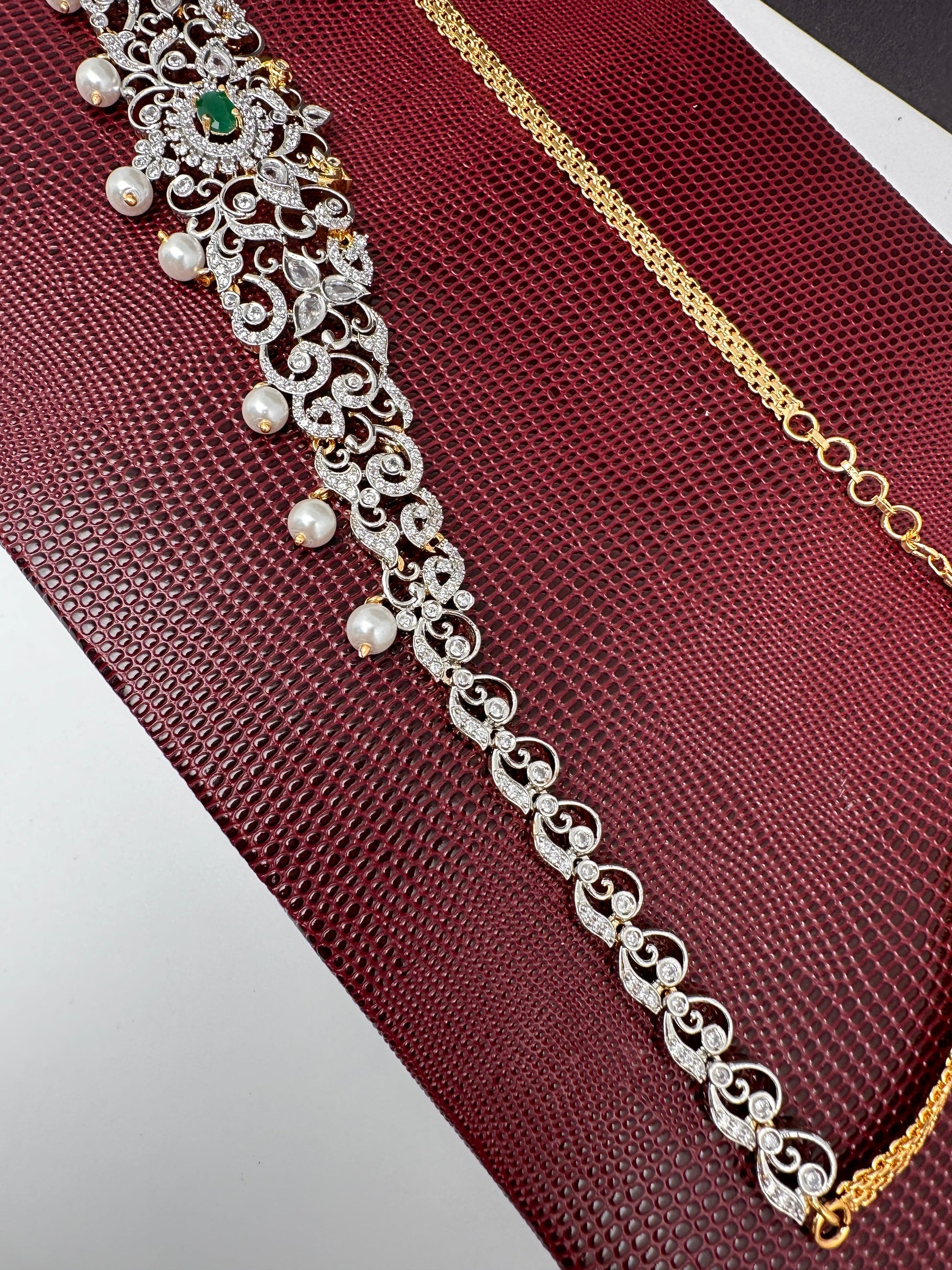 AD Ganga Jamuna Polish Color Stone Pearls Sleek Hip Chain Kamarbandh - Green