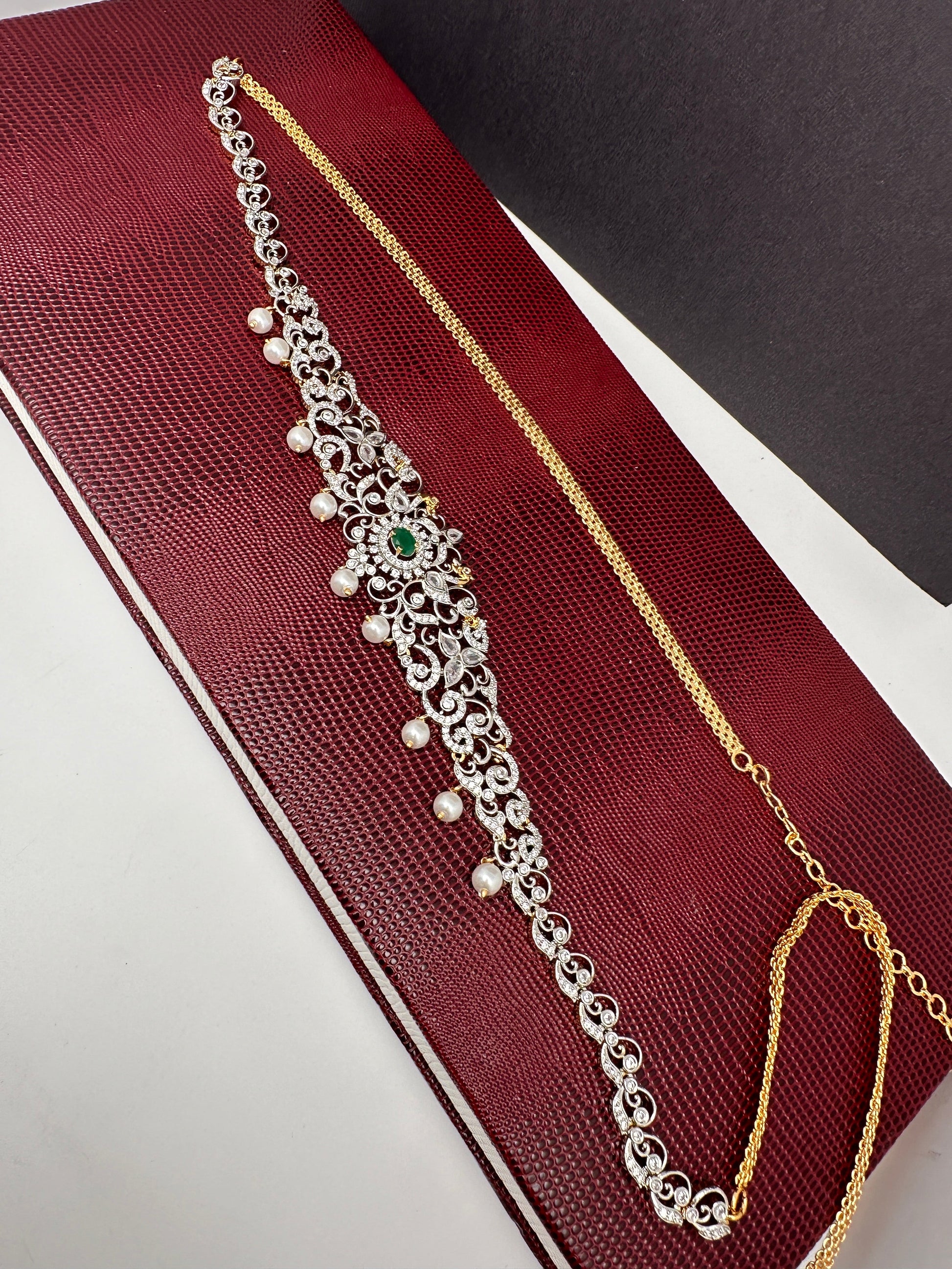 AD Ganga Jamuna Polish Color Stone Pearls Sleek Hip Chain Kamarbandh - Green
